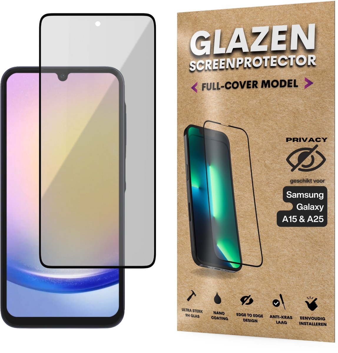 Privacy Screenprotector - Geschikt voor Samsung Galaxy A15 / A25 - Gehard Glas - Full Cover Tempered Privacy Glass - Case Friendly