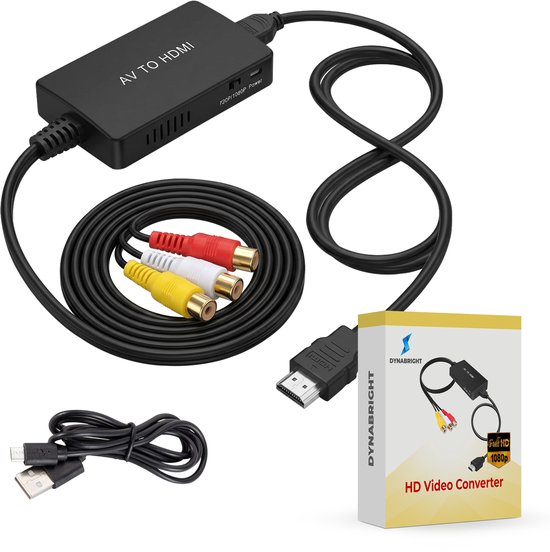 Convertisseur AV vers HDMI noir avec câbles RCA et HDMI, câble USB et emballage "Full HD 1080p".