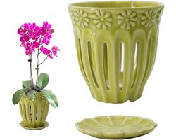 Bloempot met Gaten - Orchidee Pot - Gezonde Planten - Ademende Keramiek - 13.7cm Diameter - Groen Geel