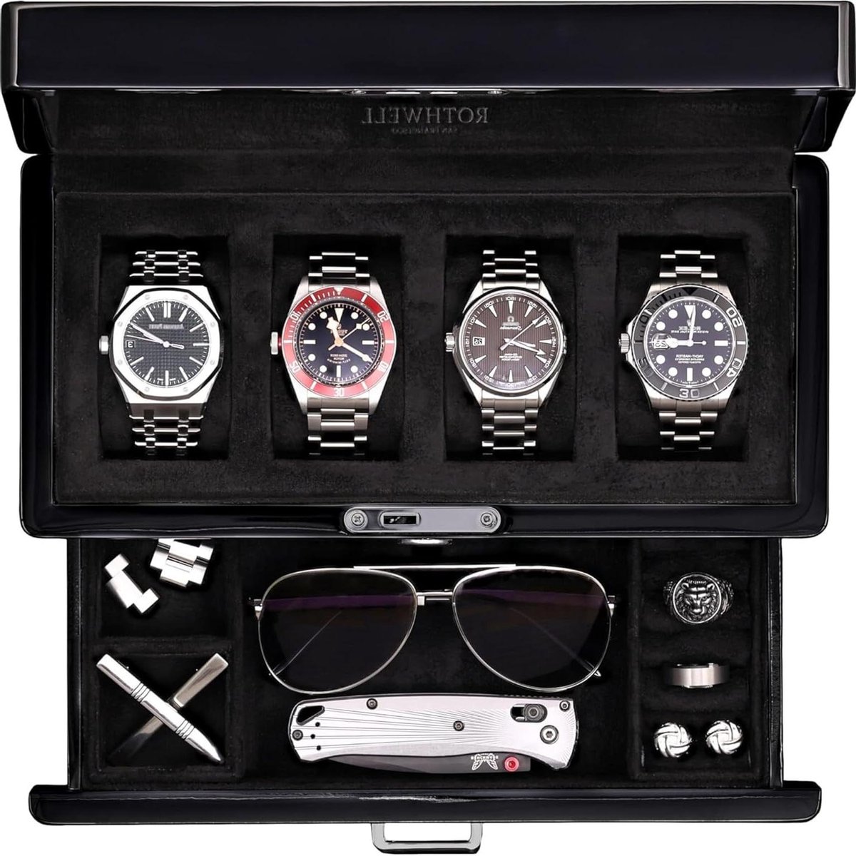 Horloge Display Box - Sieraden Organizer - Collectie Presentatie - Met Valet Lade - 11.5 Breed - Piano Zwart