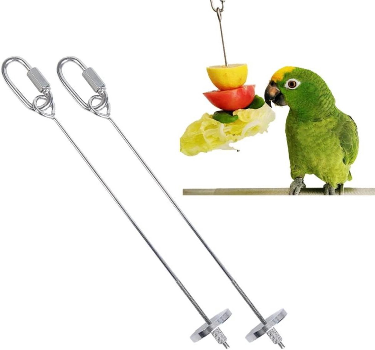 2 stuks papegaai spies feeder, kip papegaai vogel opknoping feeder, roestvrij staal papegaai fruit stok houder, voor papegaai kip foerageren