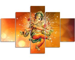 TUMOVO Indiase Ganesha wanddecor 5 panelen kunst aan de muur voor woonkamer hindoe-God HD poster afdrukken op canvas kunstwerk woondecoratie Giclee houten ingelijst uitgerekt klaar om op te hangen (60 ''Bx40'' H)