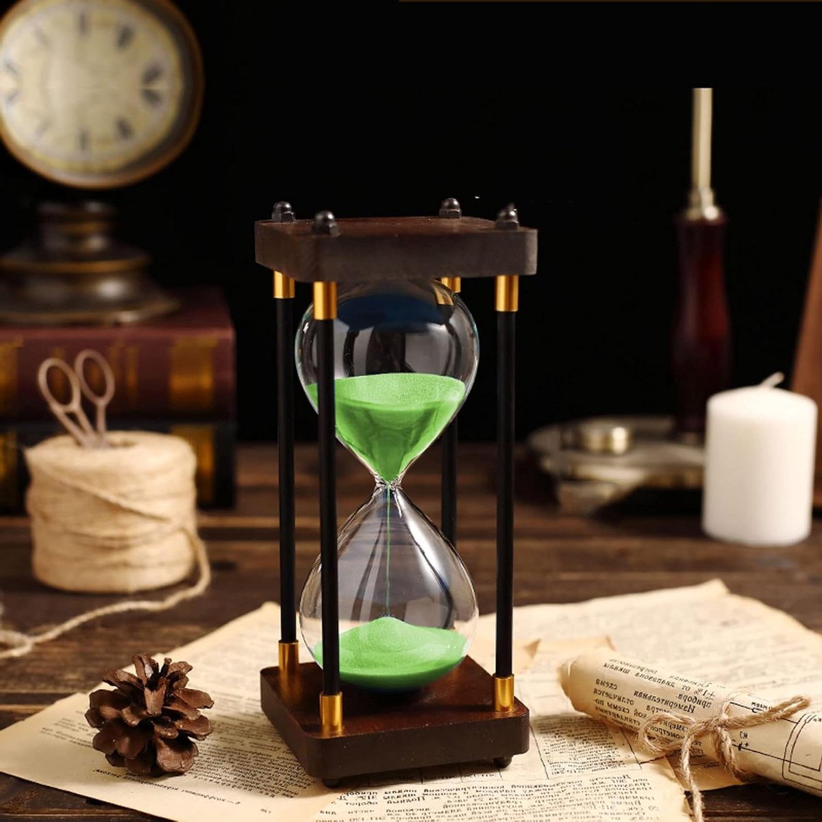 Zandloper Bureau Speelgoed - Zandloper Timer - Tijdmanagement Assistent - Houten Frame Ornament - 1.00 Aantal - Groen