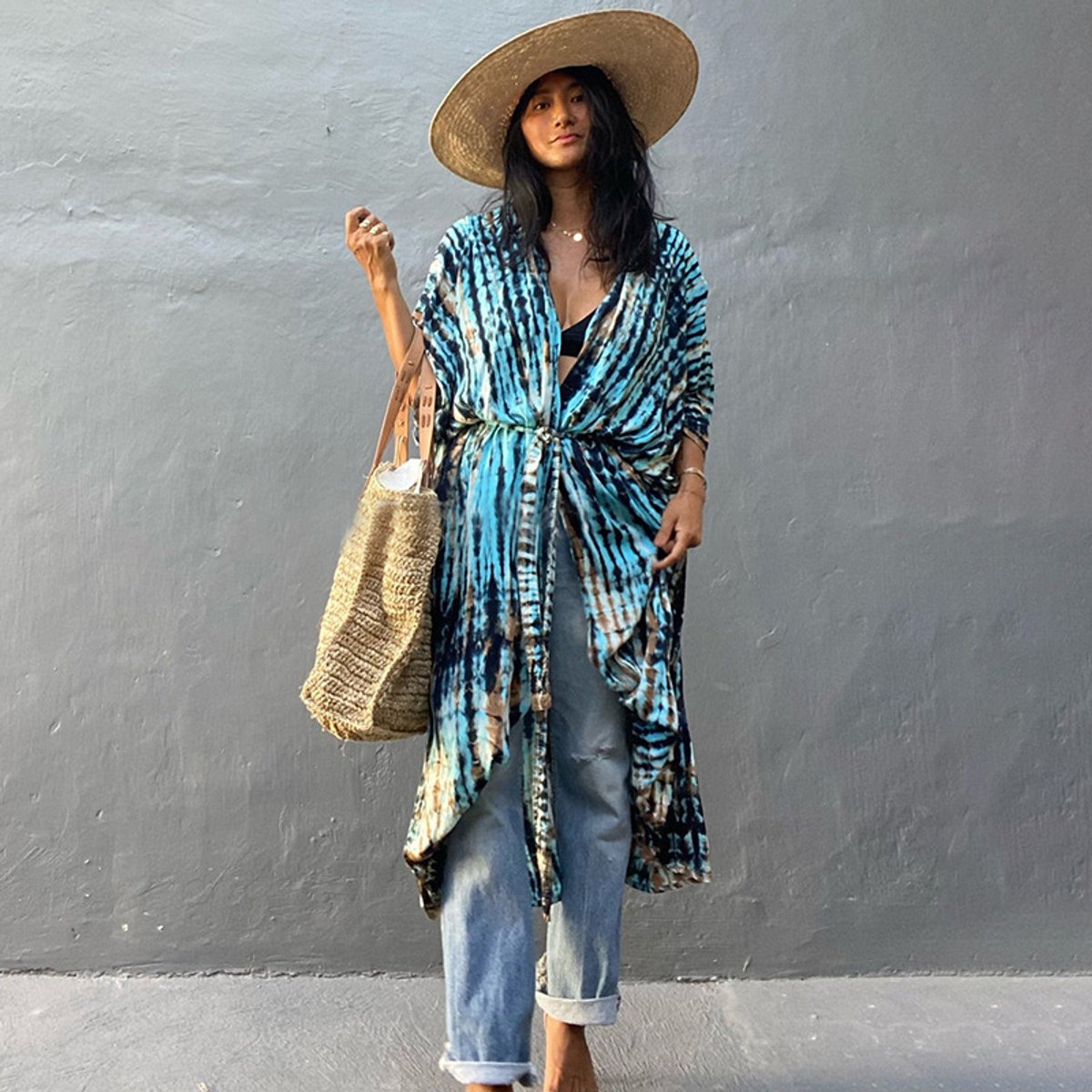 Killogood Tie-dye vest Strandjurkje - Bikini cover up - Zonwerende kleding - vakantiejurk - Openvallend lang model - Voor strand - vakantie - One Size - Blauwbruin