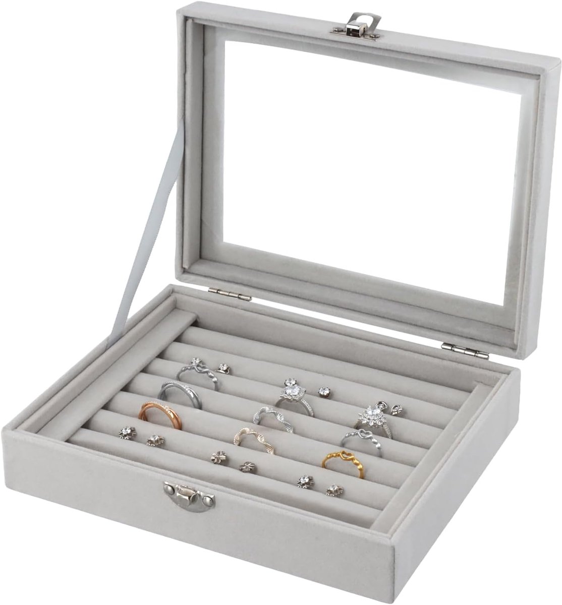 Famanu – Elegante fluwelen sieradendoos met transparant deksel en 7 compartimenten voor ringen en oorbellen