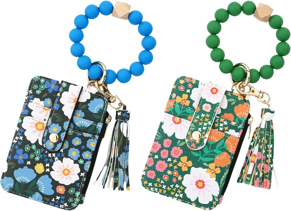 VHV-Sleutelhanger dames - Armband sleutelhanger - 2 stuks - Pasjeshouder - Portemonnee armband - Siliconen kralen - Met rits en kwastje - Voor pasjes en muntgeld - Bloemenprint - Groen + donkerblauw
