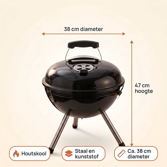 Cheqo® Kogelbarbecue - Houtskoolbarbecue met Deksel - Draagbare Barbecue - BBQ - Kogelgrill - Ketelbarbecue - Compact - voor Tuin, Terras en Balkon - Outdoor - Camping en Picknick - Barbeque - Houtskool BBQ - Grillrooster - Zwart van Cheqo — afbeelding 2