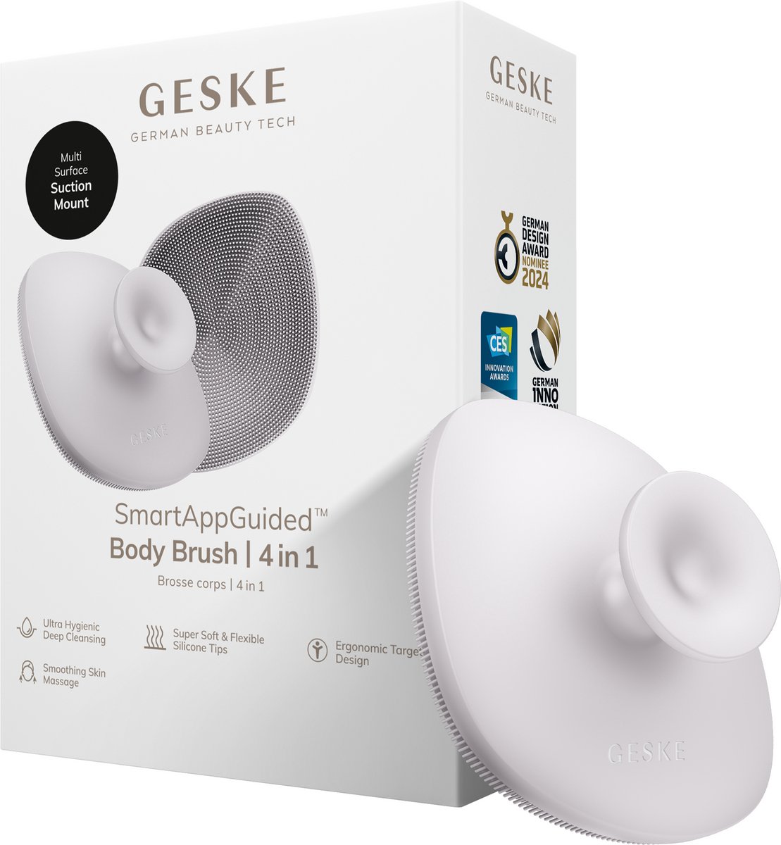 GESKE Body Brush | 4 in 1 | Reinigingsborstel voor het hele lichaam | Dieptereiniging | Zachte siliconen borstelharen | Ergonomisch ontwerp met twee vingers | Reinigingen en massages