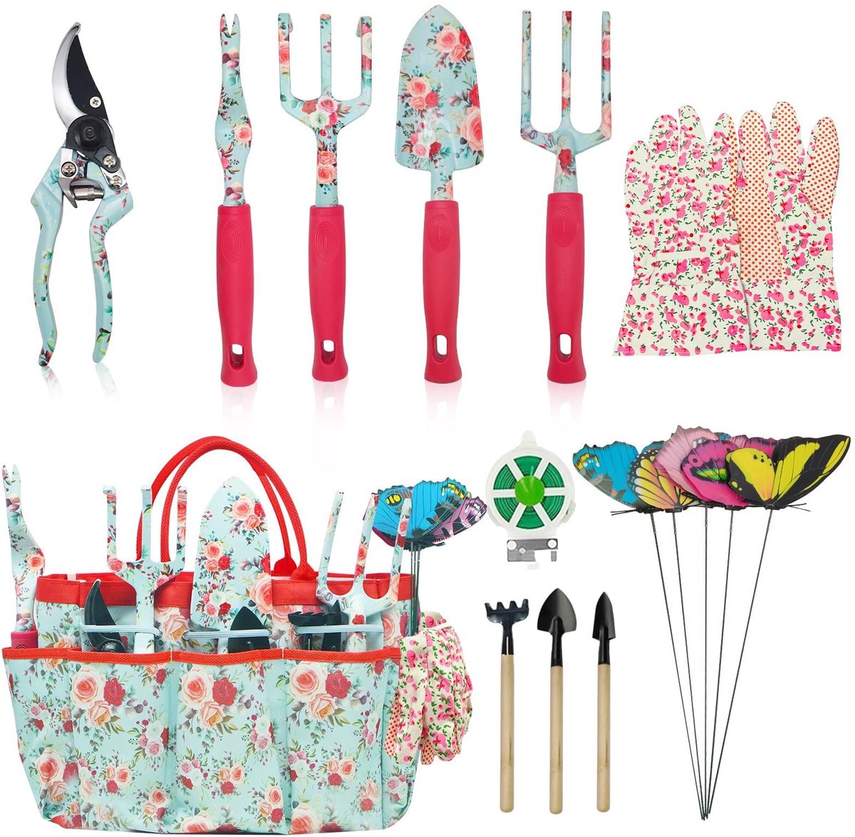 aladdien - Tuingereedschapset - 16-delige set - Ergonomisch en duurzaam - Rode bloemen - Tuinieren - Voor dames en heren - Bloementuingereedschap