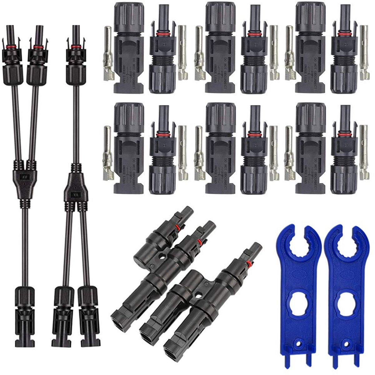 aladdien - Professionele zonnepaneelkabelconnectorset - 6 paar zonne-connectoren - Geschikt voor zonnepanelen - Zwart en zilver - Inclusief Y-connec...