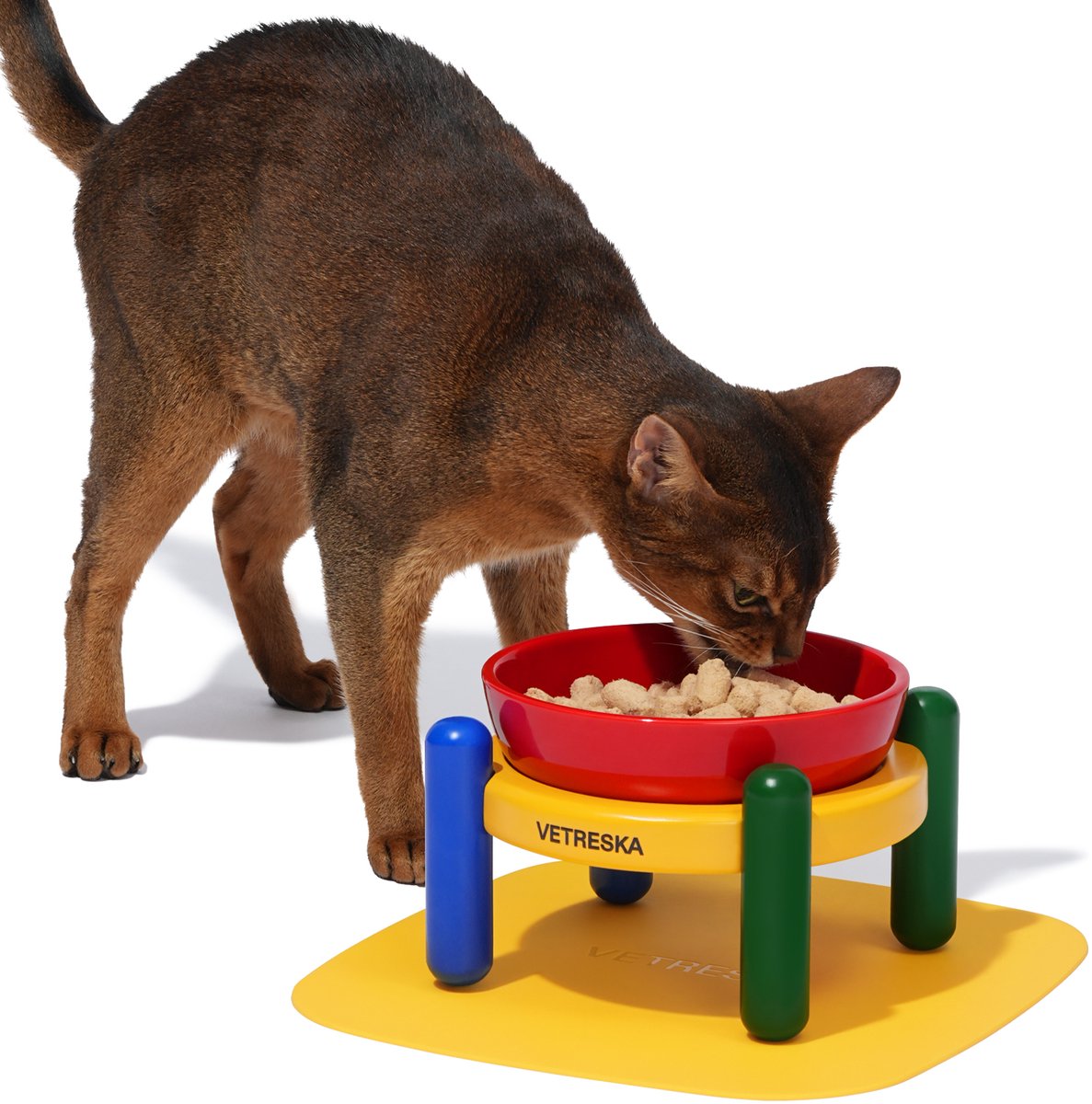 VETRESKA Chroma Luxe Keramische Voerbak & Mat Set (S) – Design Voerbak op Standaard voor Kat & Hond – Blauw/Rood