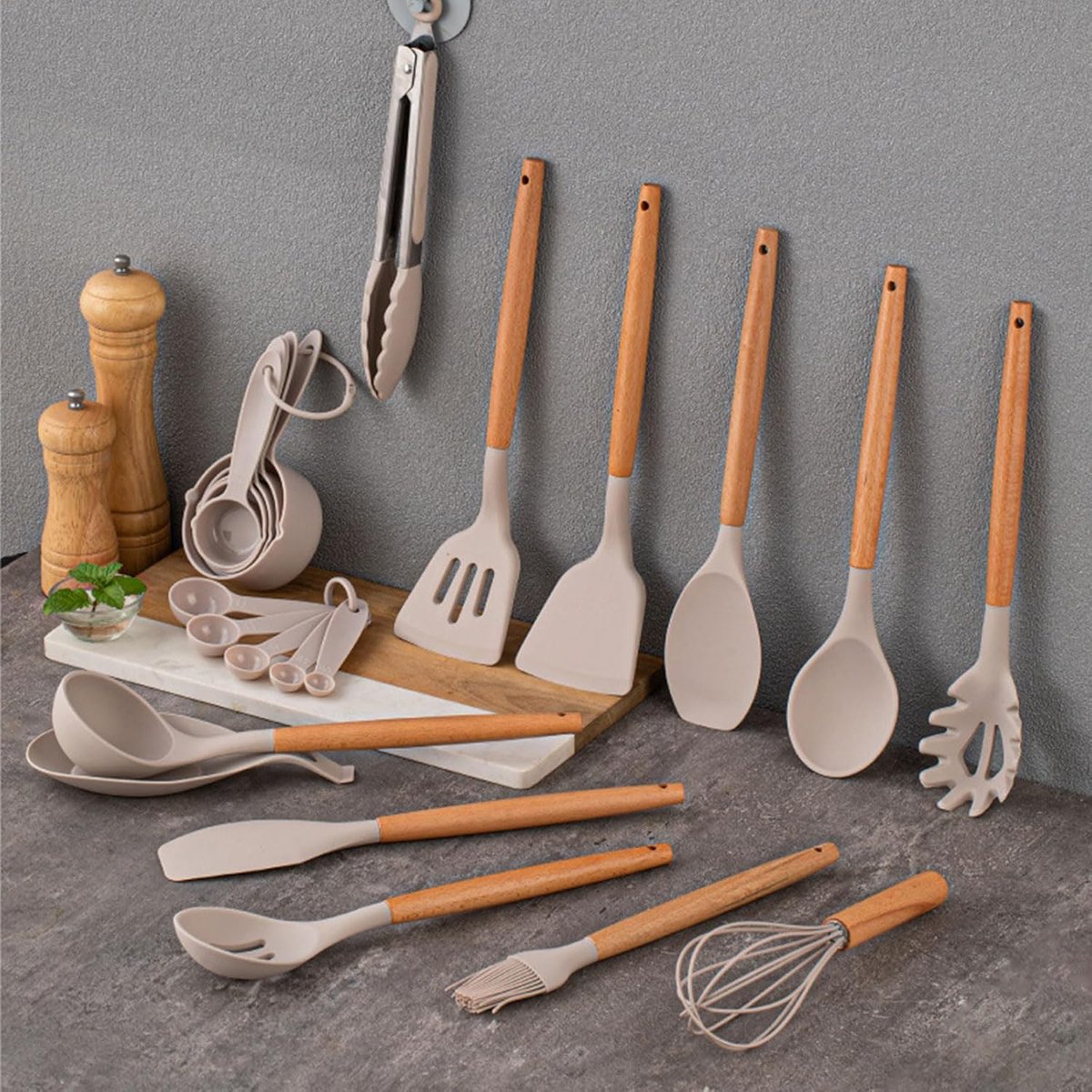 FloraGrace Keukengerei-sets - 12-delig Kookgerei Set met Siliconen Keukenhulpen, Hittebestendig, Non-stick Geschikt, Keukengerei Set, Beige