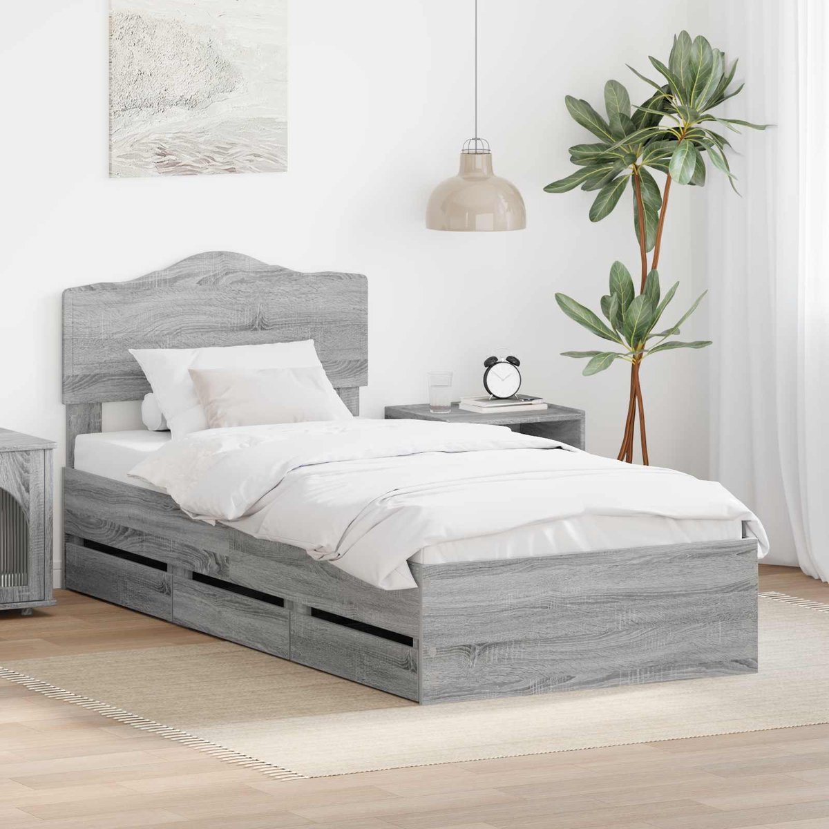 vidaXL Bedframe - met - lade - Grijs - Sonoma - 90 - x - 200 - cm - Ingenieurshout Grijs sonoma