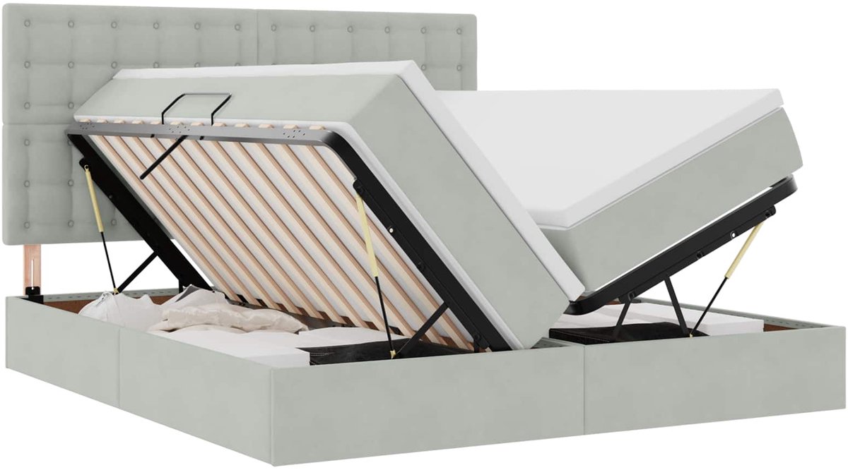 vidaXL LED - opbergbed - met - matras - Lichtgrijs - 200 - x - 200 - cm - Fluweel