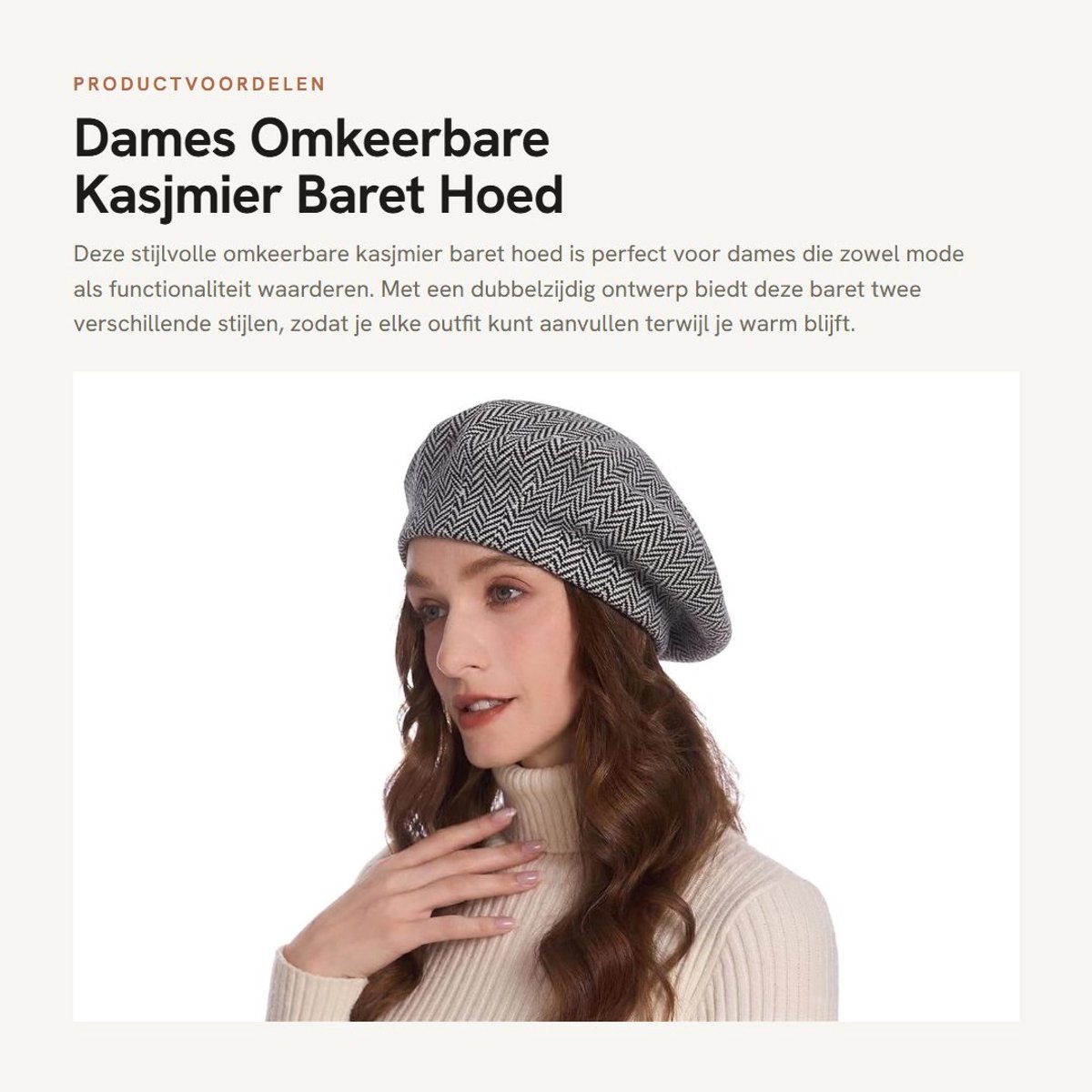 Dailygoods- Baret Omkeerbaar - Dames Hoed - Dubbele Lagen - Zacht en Warm - Eén Maat - 30% Kasjmier, 70% Acryl