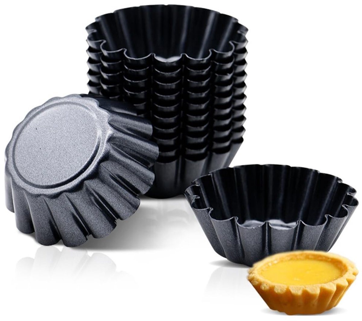 Dailygoods- Tartelette-vormen set van 12 - Mini bakvormpjes - Herbruikbare tarteletvormen - Antiaanbaklaag - Koolstofstaal - 6,5 cm diameter