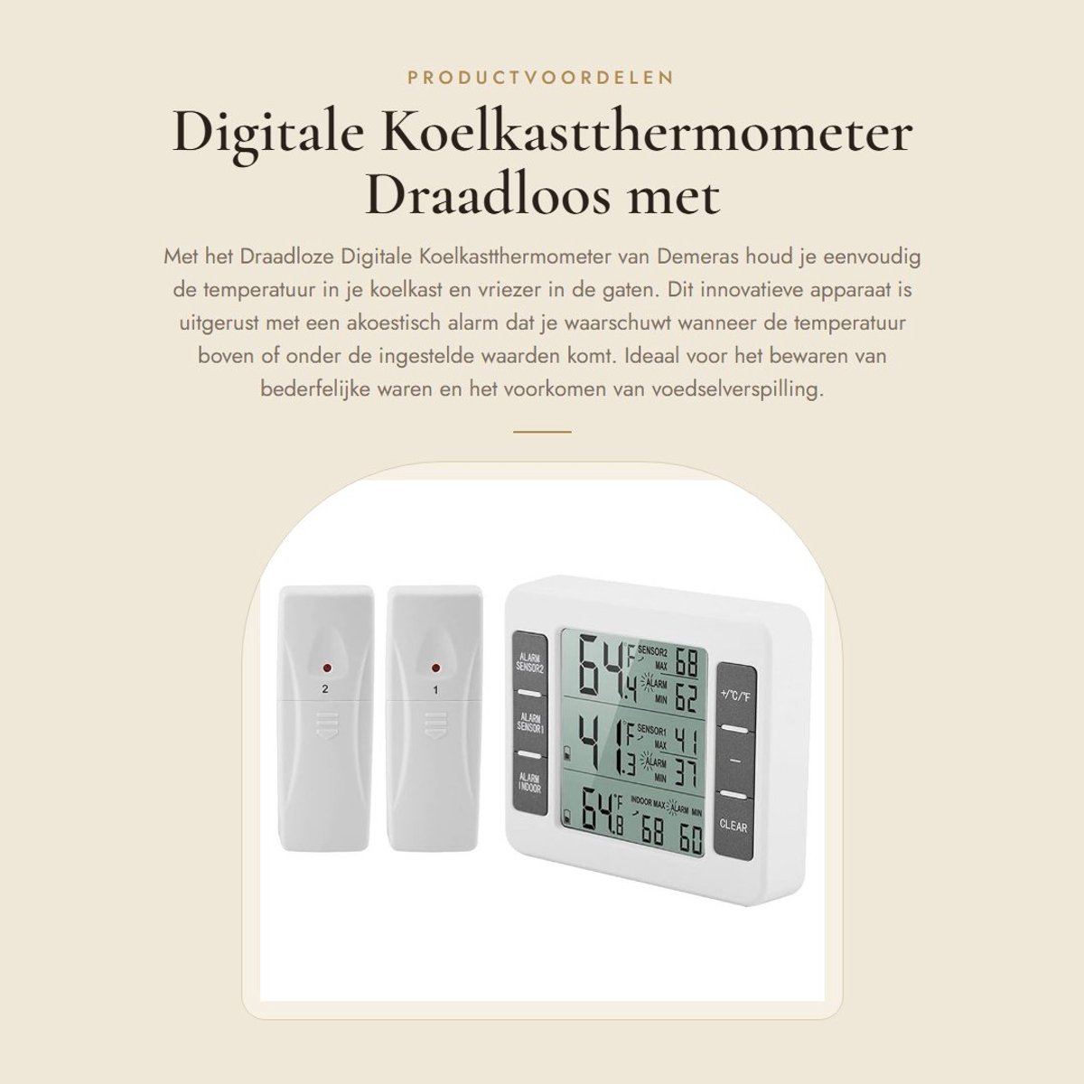 Dailygoods - Digitale Koelkastthermometer - Draadloos met Geluidsalarm - 2 Sensoren - Temperatuurmeting - Voor Koelkast en Vrieskist - Nauwkeurige Met...