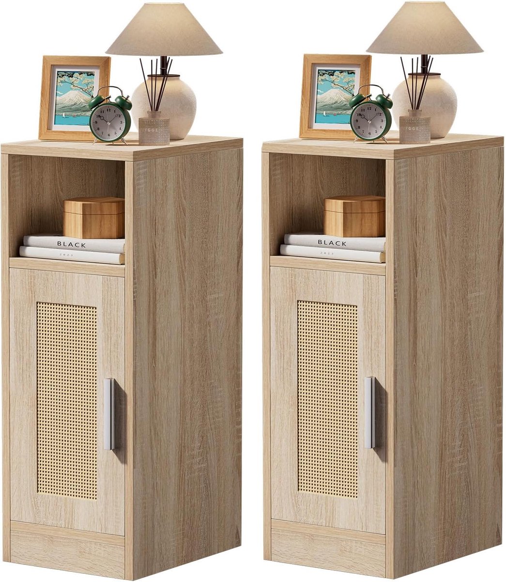 Nachtkastje set - Bijzettafel rotan - Kamer decoreren - Open en gesloten opbergruimte - 30 x 24 x 61 cm