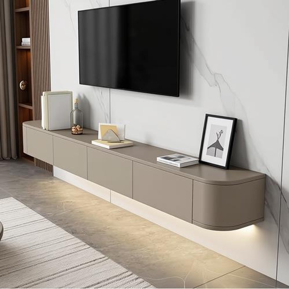 Zwevende tv-kast voor wandmontage, 140 x 20 x 24 cm, kaki, met lades en kabelmanagement