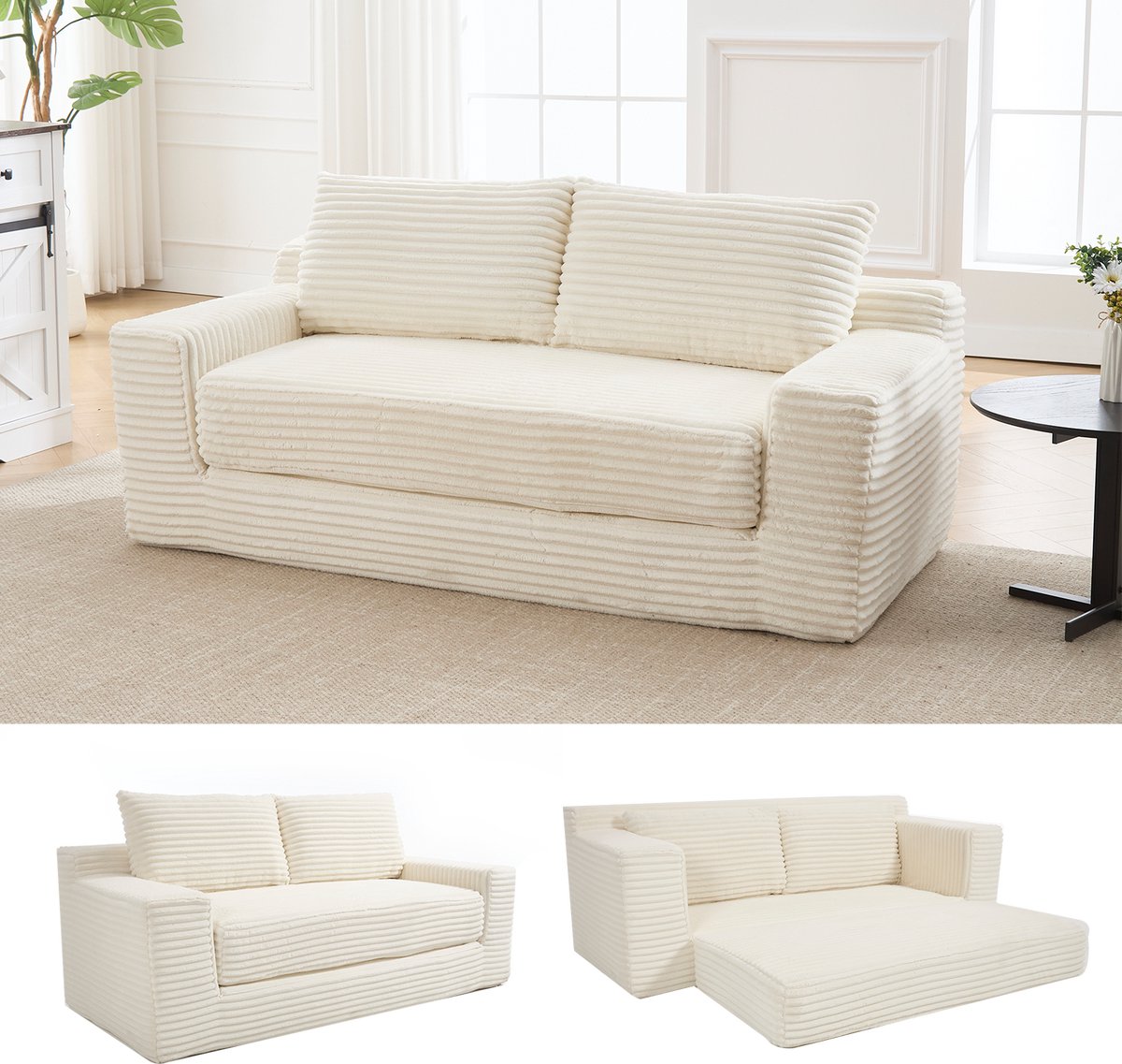 MODENUIT Slaapbank 2-Zits - 2-in-1 Sofa En Bed - Voor Kleine Ruimtes En Logeerkamer - Stoffen Bekleding - Wit