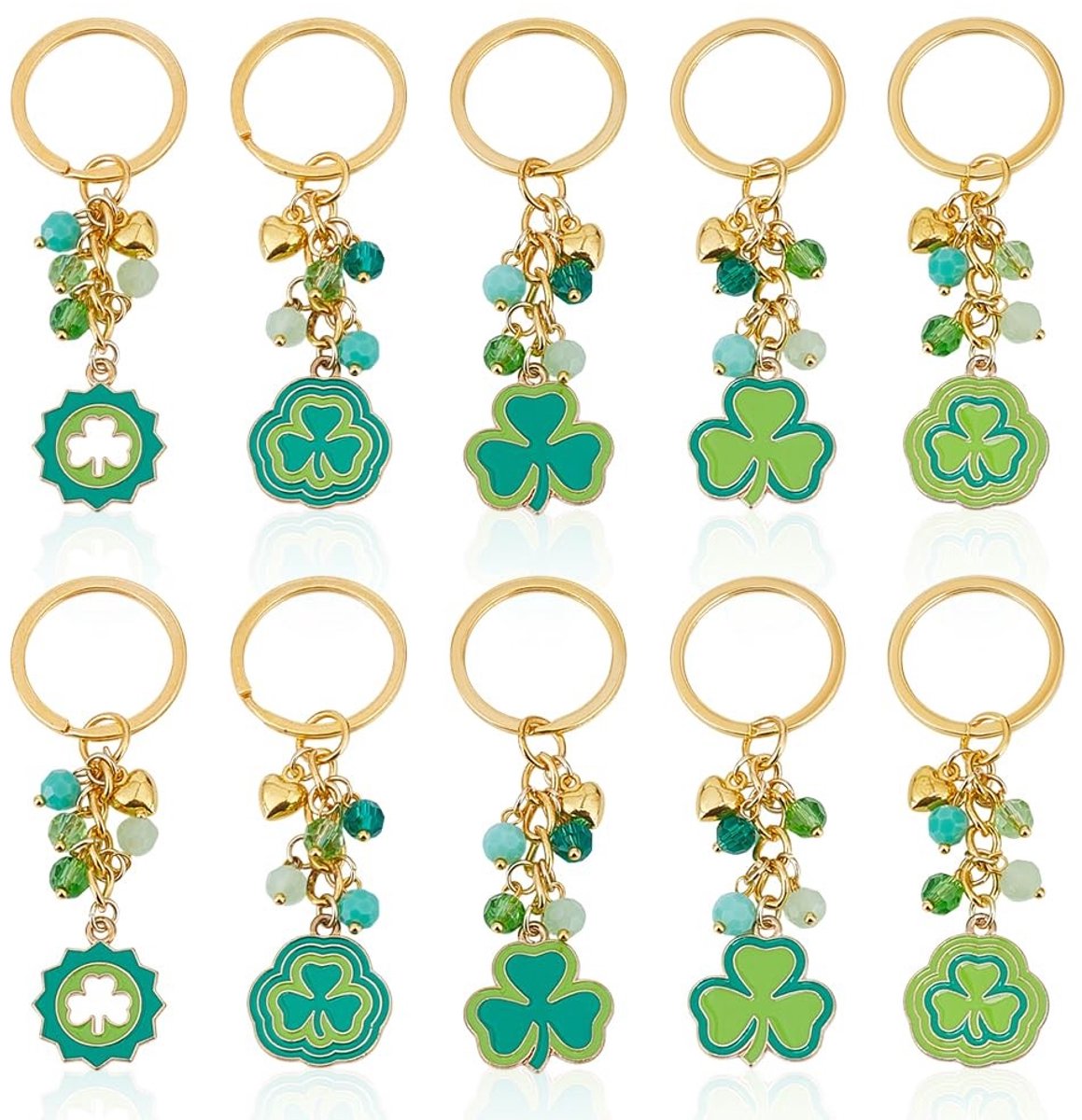 Dailygoods- Sleutelhanger Set van 10 - Klavertje Vier - Gemengde Vormen - Legering - Emaille - Perfect voor Sleutels en Rugzakken - Sleutelhangertje