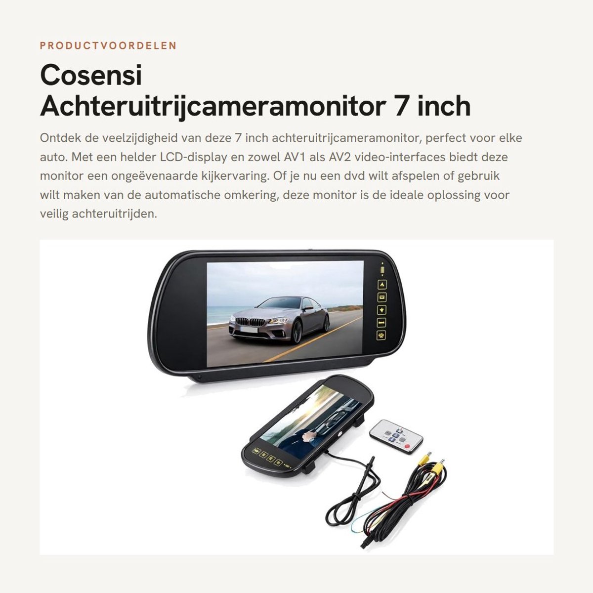 Dailygoods- Achteruitrijcameramonitor 7 Inch - LCD-display - AV1/AV2 Video-interface - Eenvoudig te installeren - Compatibel met voertuigen - Automatische omkering - Achteruitrijcamera