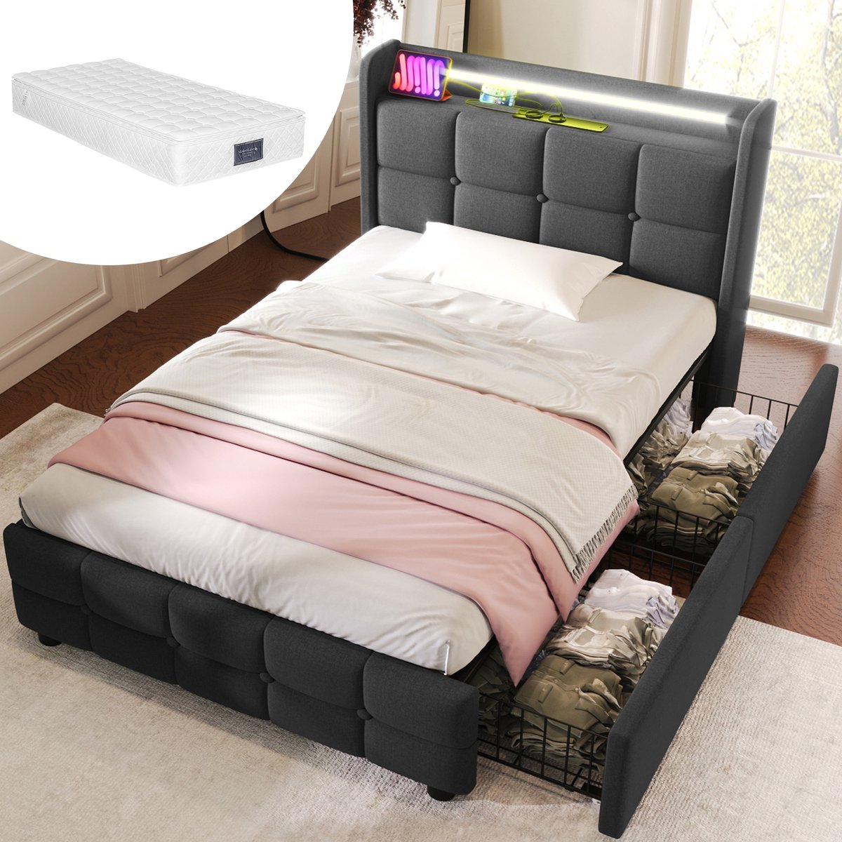 DESMIU Gestoffeerd Bed 90x200cm Met Matras – Bed Met Oplaadfunctie En LED-Verlichting – 2 Lades En Hoofdbordvak – Voor Slaapkamer – Linnenstijl – Grijs