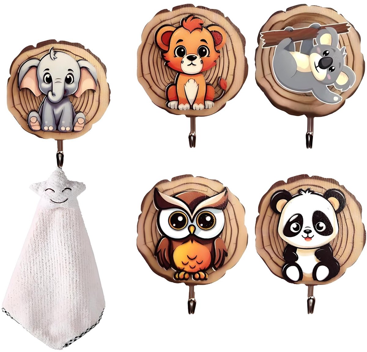 Dailygoods- Kinderhaken 5 Stuks - Zelfklevend - Houten - Dieren - Kledinghaken - Maximaal Draagvermogen 2,5 kg - Wandhaken