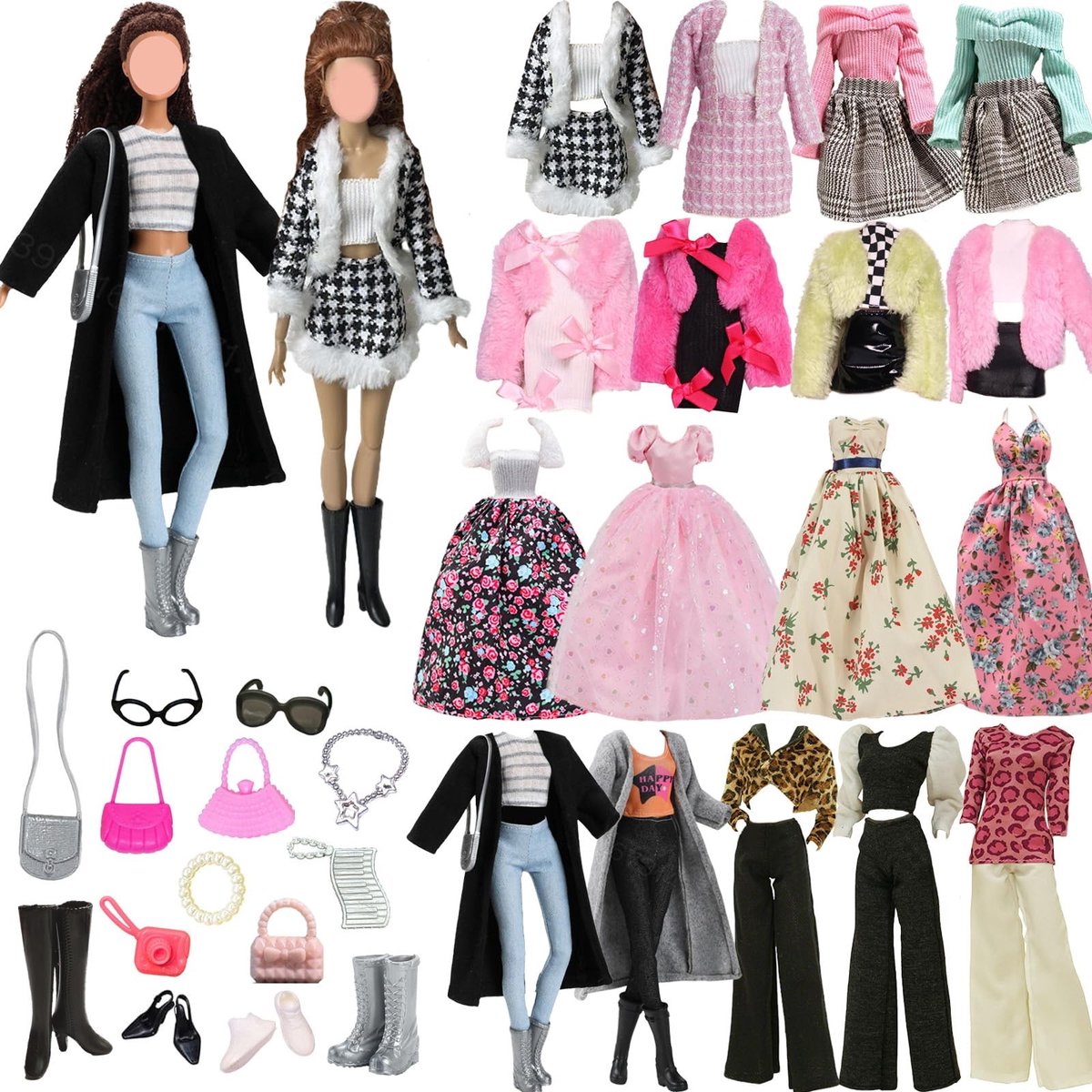 Dailygoods- Poppenkleding 24-delige Modeset - 11,5 inch Poppen - Pepita-Rok - Zwarte Mantel/Windjack - Schoenen/Tas/Sieraden - Veilige Materialen - Poppenoutfit