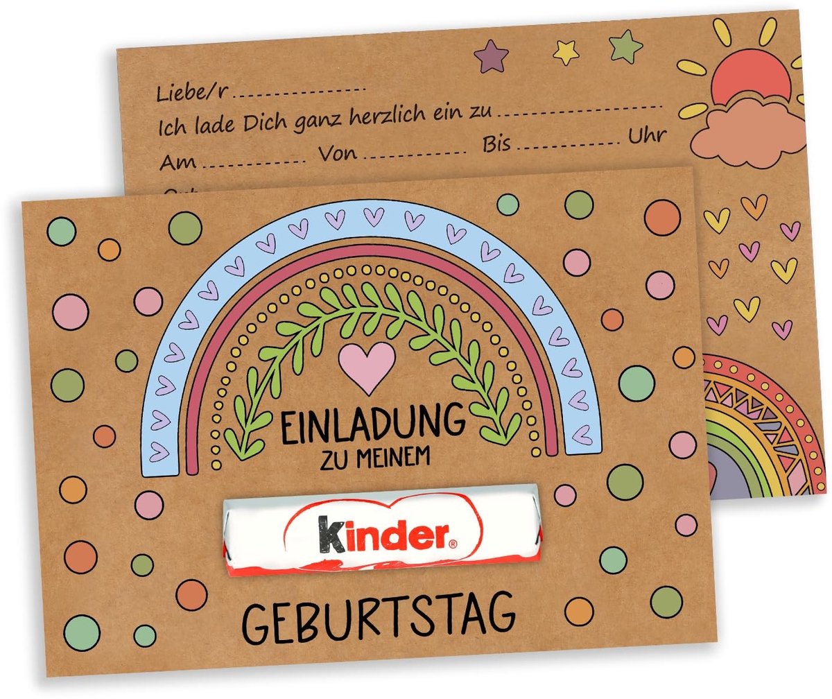 Dailygoods- Uitnodigingskaarten Kinderverjaardag - Set van 15 - Kraftpapier - Regenboog - Feest - Wenskaarten - Verjaardagskaarten