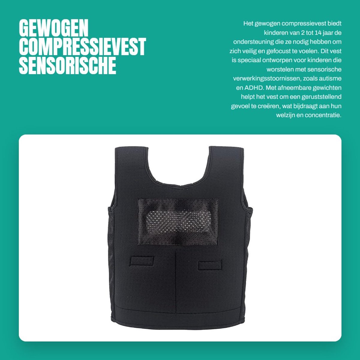 Dailygoods- Compressievest Gewogen voor Kinderen 2-14 Jaar - Sensorisch Vest - Kalmerend voor ABR/ADHD - Afneembare Gewichten - Verstelbaar - Helpt bij Concentratie - Gewichtsvest