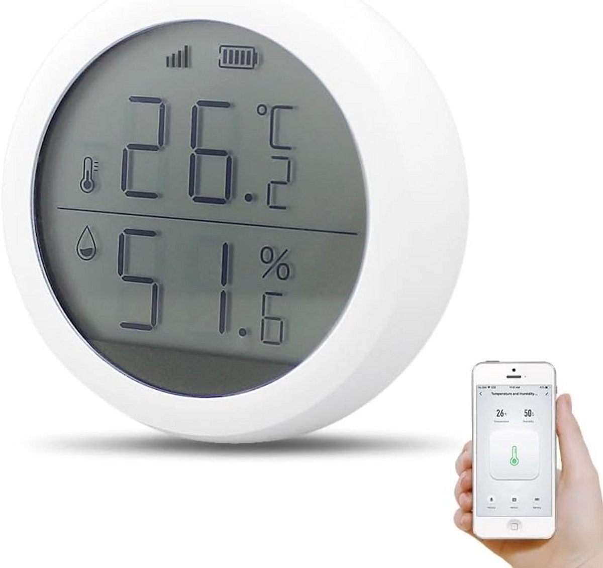 Temperatuur Vochtigheidssensor - LCD Display - Slim Huis - Zigbee Connectiviteit - 6x6x5 cm - Wit