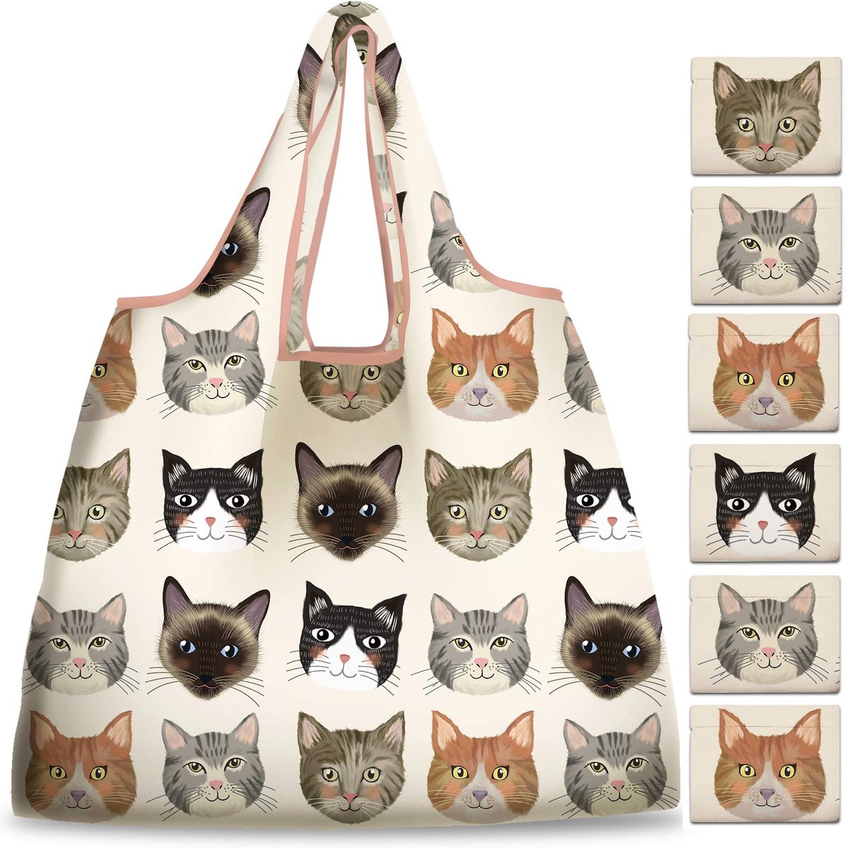 Dailygoods- Boodschappentas Groot 46x38cm - Herbruikbaar - Opvouwbaar - Waterdicht - Milieuvriendelijk - Kattenpatroon - Herbruikbare Tas