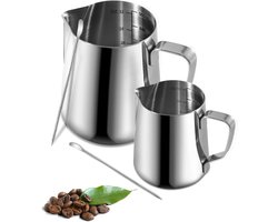 Melkschuimkan RVS - Koffiekan Melkopschuimer - Latte Art Creëren - Met Interne Maatvoering - 350 en 900 ml - Zilverkleurig