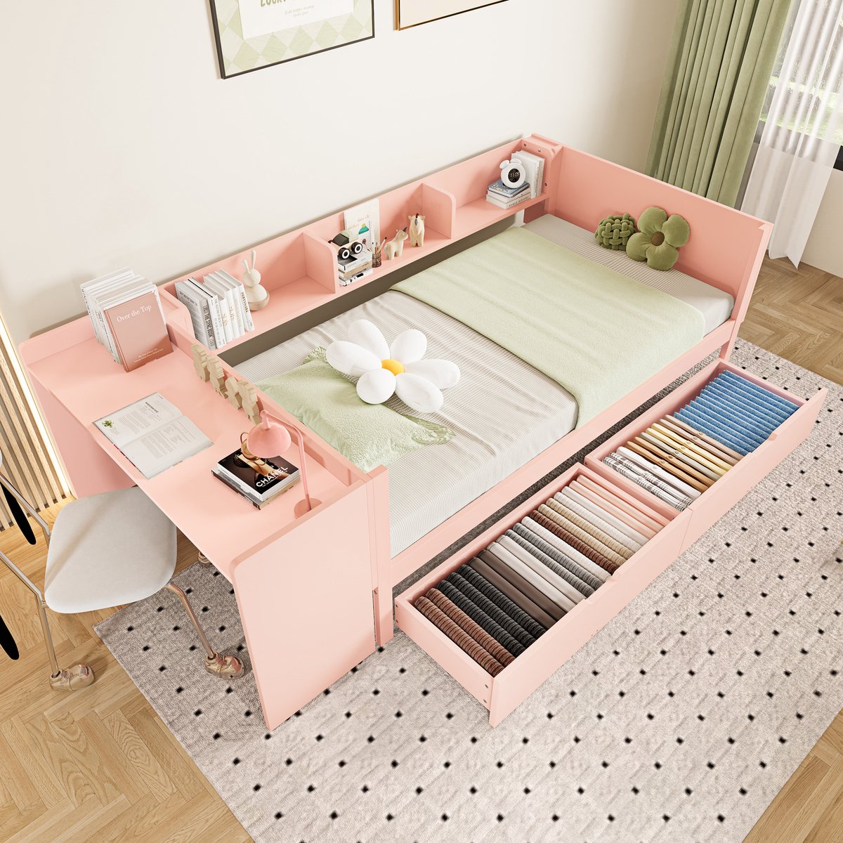 DESMIU Eenpersoonsbed 90x200 cm – Met Bureau en 2 Lades – Opbergplanken en Hoog Zijhek – Voor Kinderkamer – Grenen en Spaanplaat – Roze – Zonder Matras