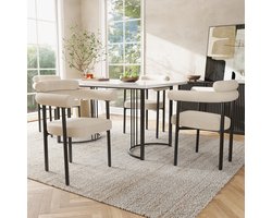 Eetkamerset - 5-delig - Design tafel + 4 holle stoelen - restaurant stijl - MDF+metaal+suède - crème