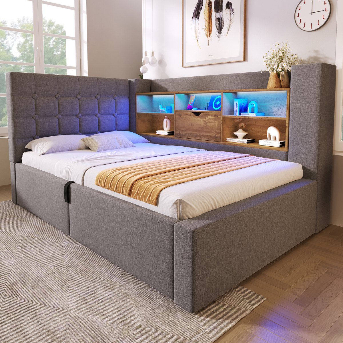 DESMIU Gestoffeerd Bed 90x190 cm – Ledverlichting en Oplaadpunten – Hydraulische Opbergruimte en L-Vormig Hoofdbord – Voor Slaapkamer – Linnen – Grijs – Zonder Matras