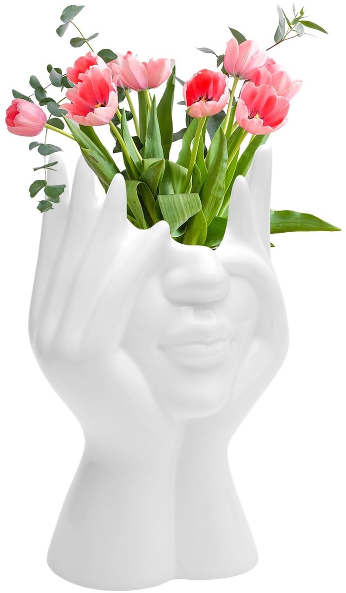 Dailygoods- Bloemenvaas Keramisch 19 x 9 cm - Tulpenvaas - Bloempot met Gezicht - Esthetische Decoratie - Modern - Witte Vaas