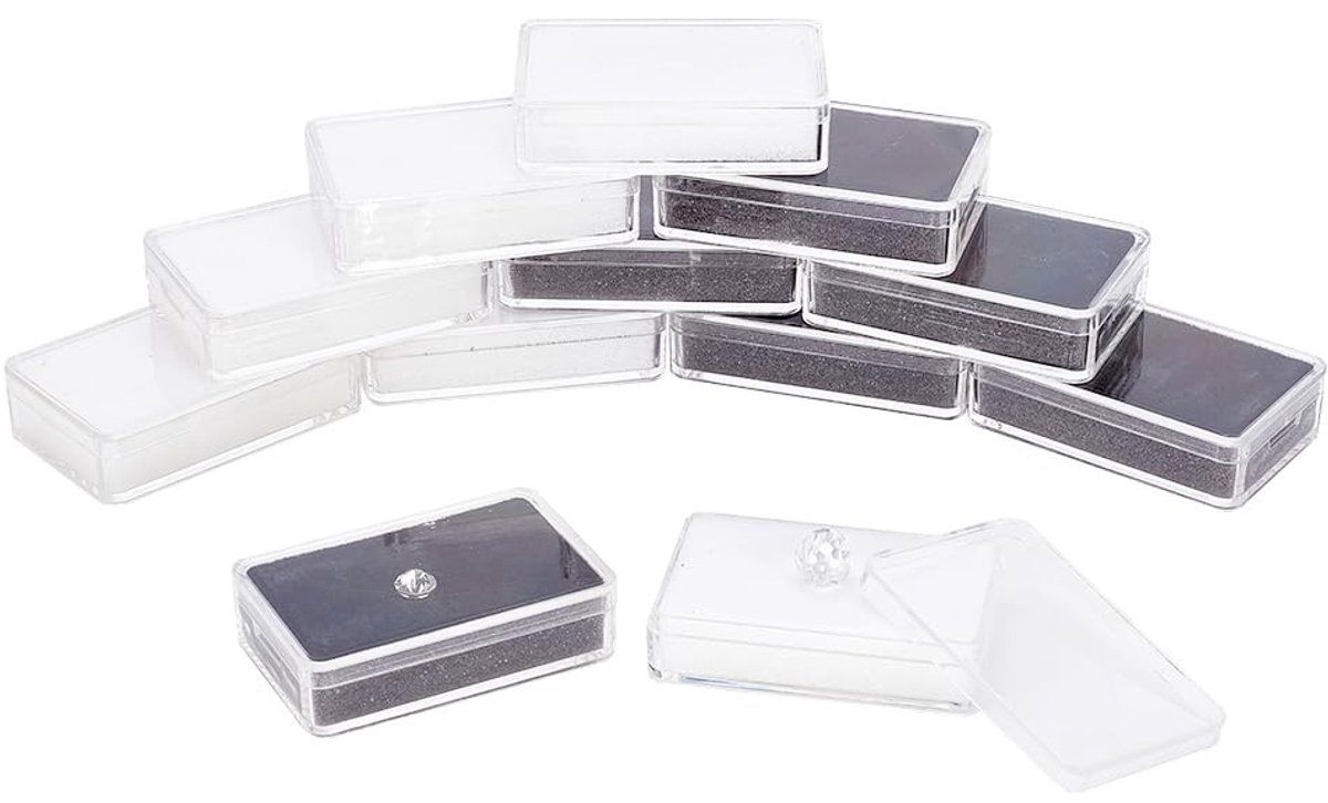Dailygoods- Edelsteendisplaydoos 16 Stuks - Sieraden Opbergdoos - Kunststof Houder - Transparante Deksels - Elegante Geschenkdozen - Afmetingen 3,65x5,7x1,45 cm - Sieradenopbergdoos