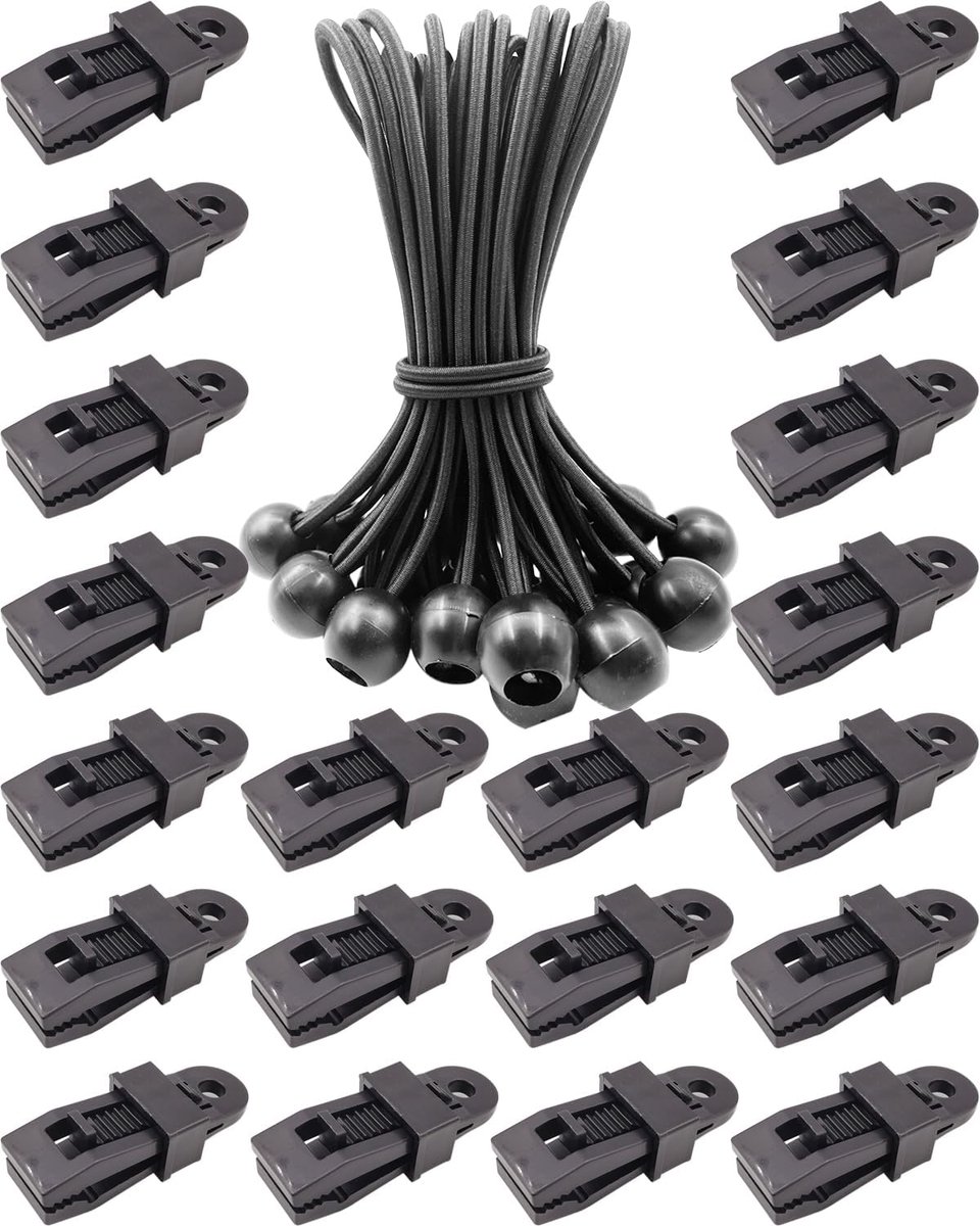 Bungee Koorden Set - Spanbanden met Bal - Outdoor Bevestiging - Verstelbare Clips - 40 Delig - Zwart