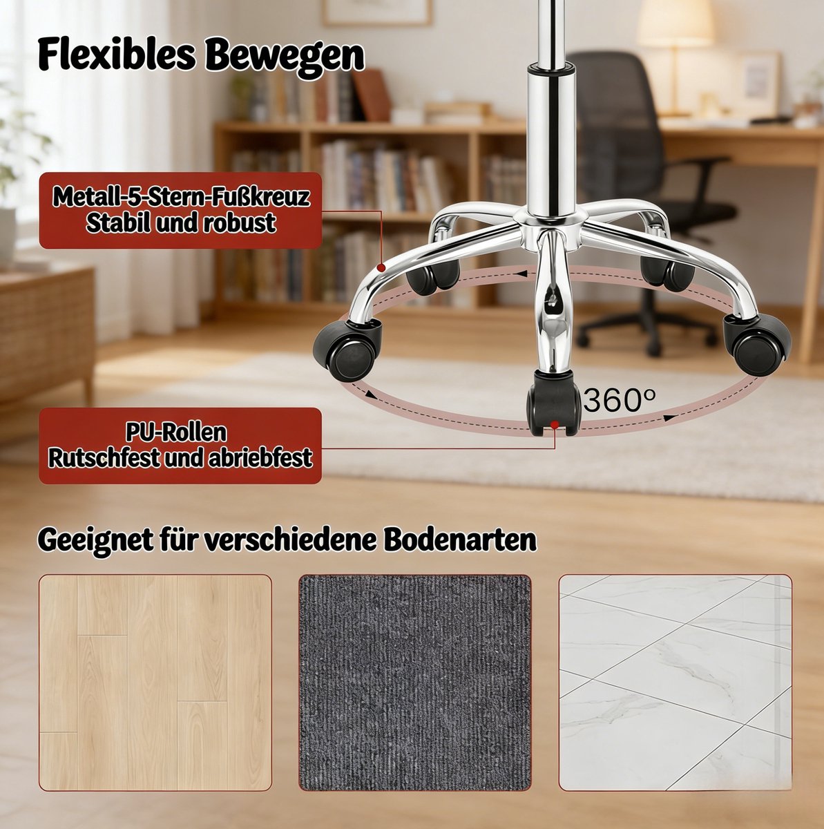 STILVORA Bureaustoel Hocker Verstelbaar 360 Draaibaar Met Wieltjes - Ergonomisch Voor Werkplek En Make-up - Fluweel Zwart