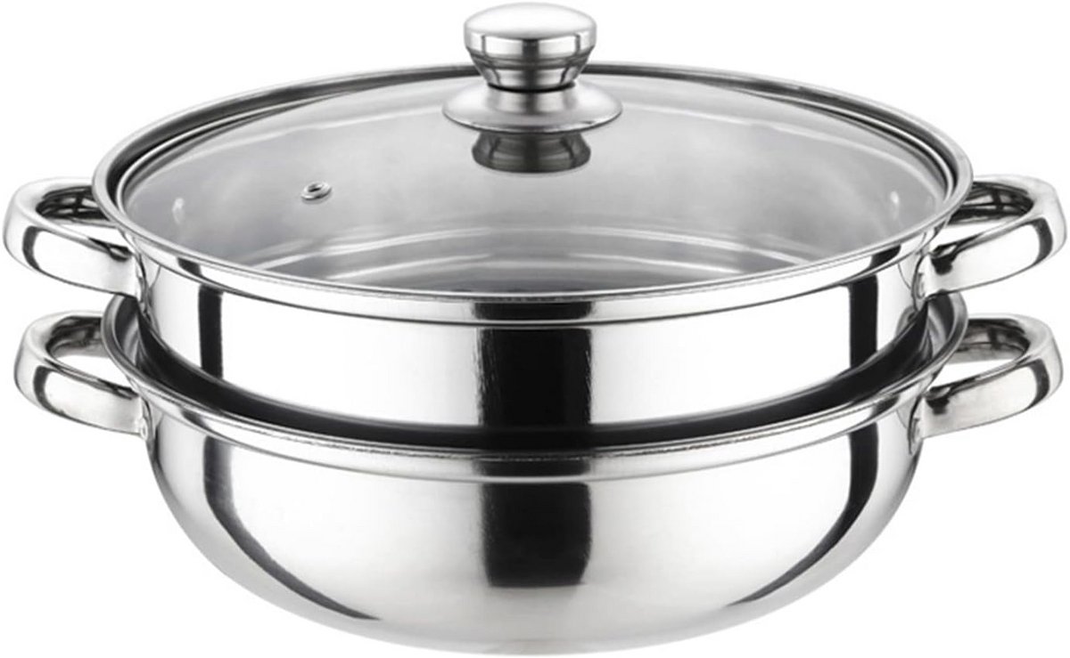 Stoompan Set - Kookpan Stomer - Gezond Koken - Roestvrij Staal - 28cm Diameter - Zilverkleurig