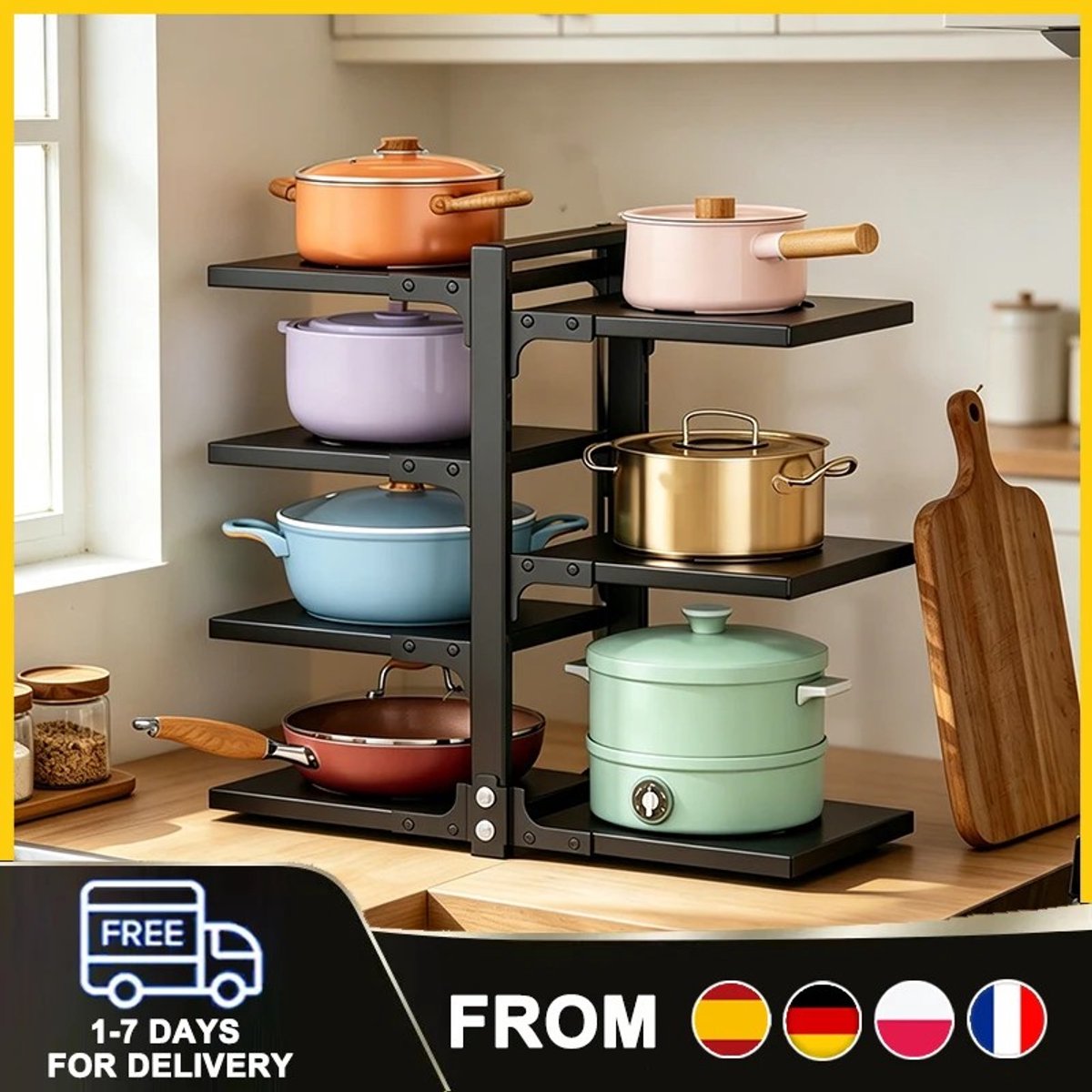 Dailygoods 7-laags keuken pannenrek multifunctioneel met verstelbare planken, verwijderbare afdruipbak voor pannen onder