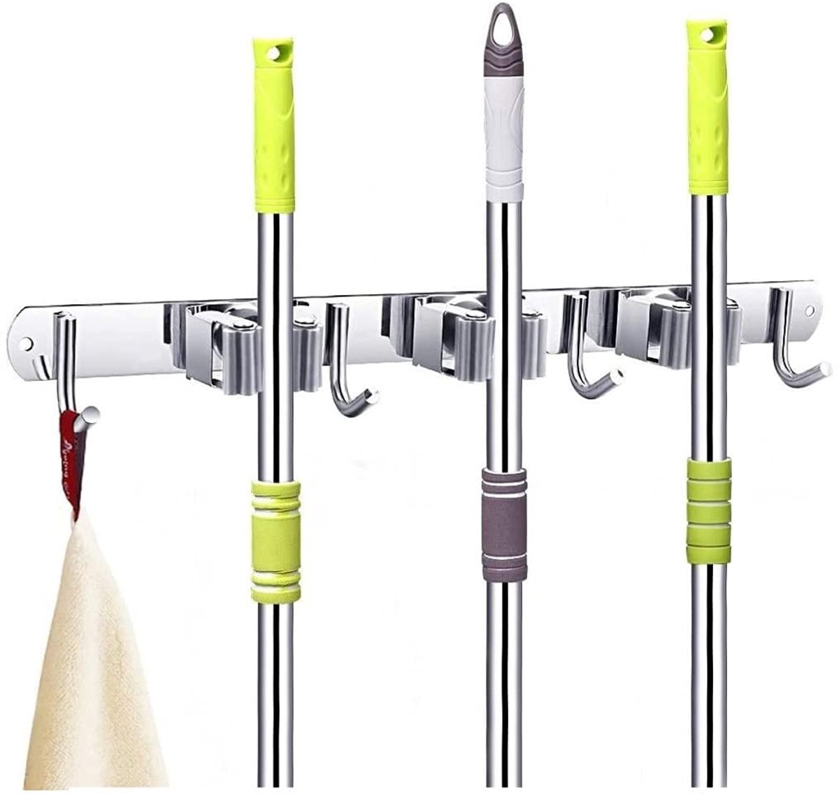 Dailygoods- Bezemhouder Robuust - 3 Slots/4 Haken - Roestvrij Staal - Multifunctioneel - Waterdicht - Geschikt voor Binnen/Buiten - Opberghaak