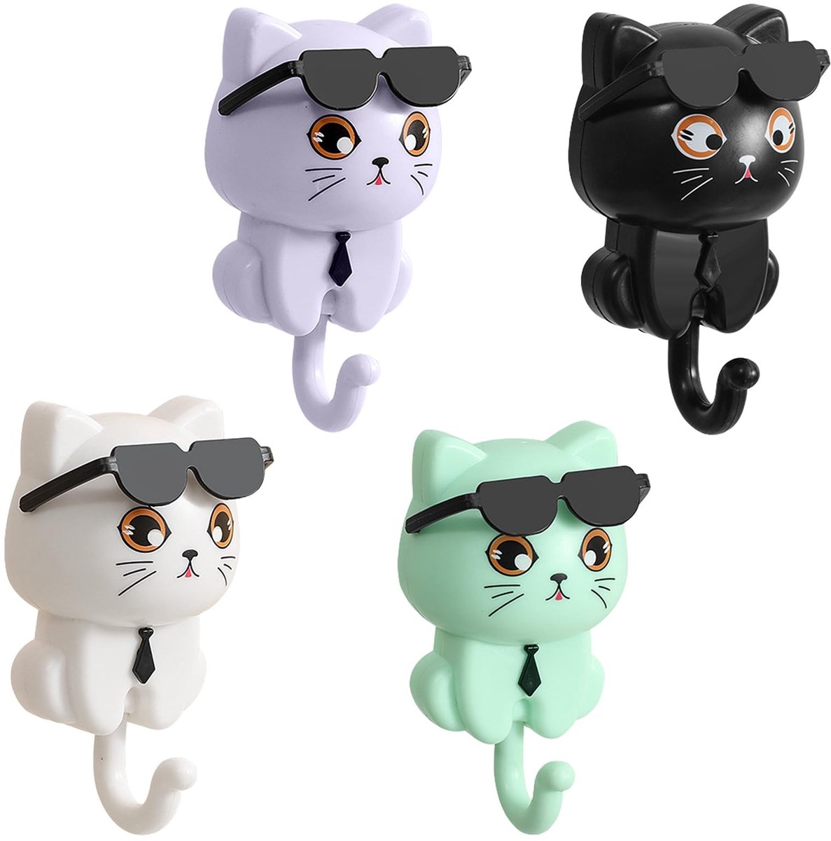 Dailygoods - Schattige Kat Sleutelhangers - 4 Pcs Zelfklevende Wandhaken voor Sleutels, Tassen en Hoeden