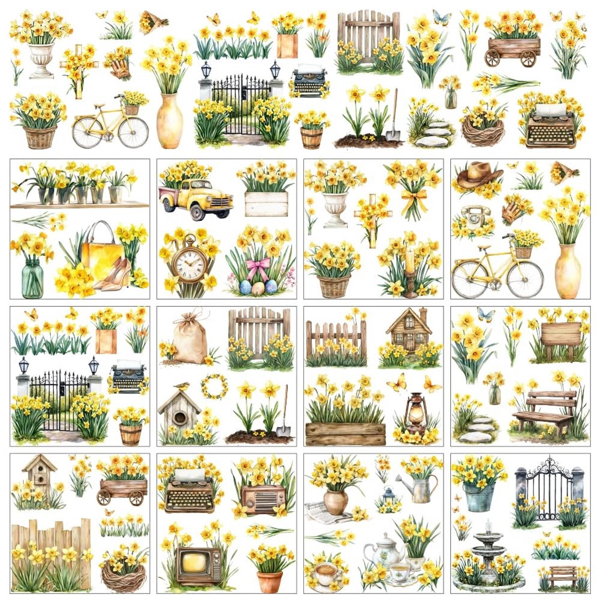 Dailygoods- Transferstickers Vintage Thema - Narcissen - 12 Vellen