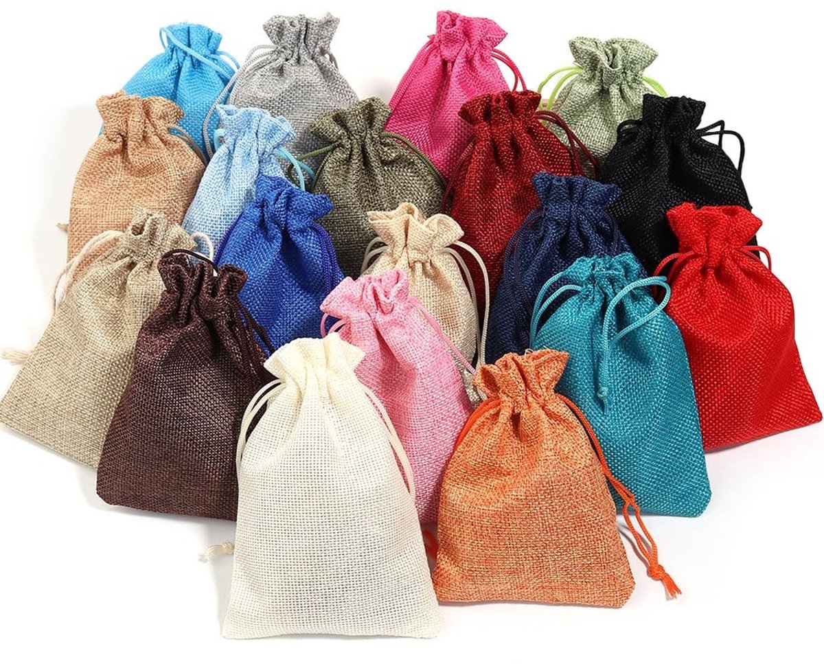 Dailygoods- Jutezakjes 10 stuks - Kleurrijke Natuurlijke Zakjes - Trekkoord - Voor Sieraden/Gastgeschenken - 7 x 9 cm - Ideaal voor DIY