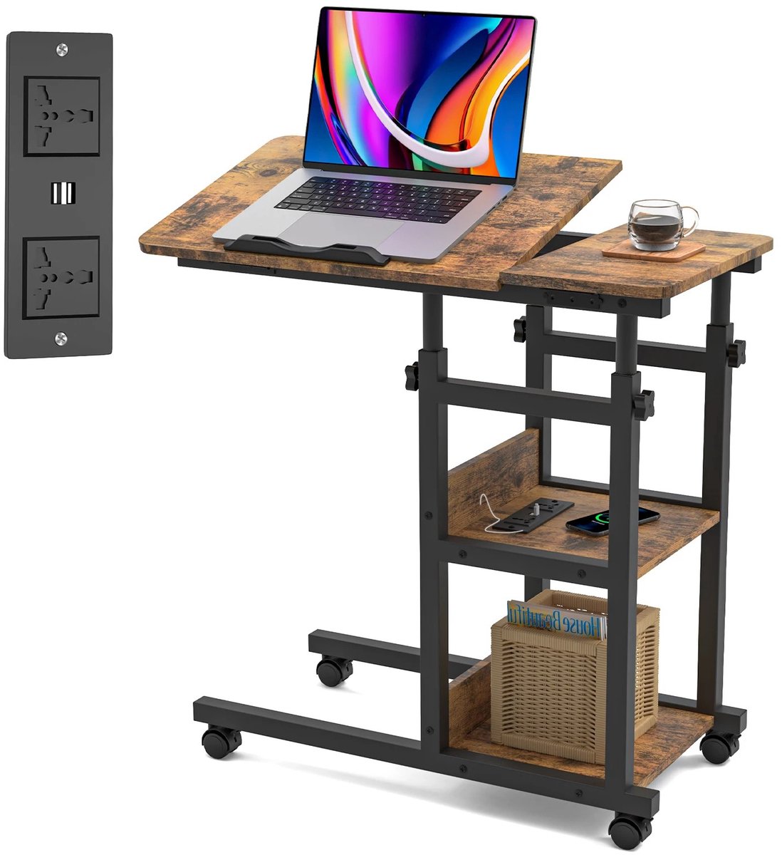 Dailygoods C-vormige bijzettafel met wielen, in hoogte verstelbaar met opbergplanken, verstelbaar houten dienblad voor w