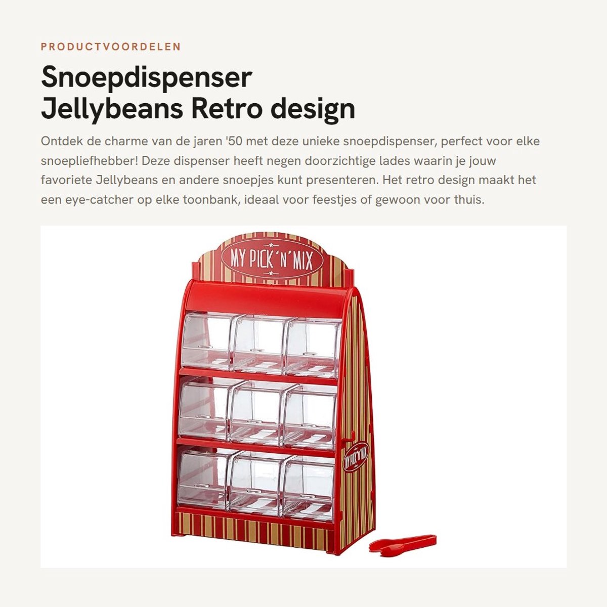 Dailygoods- Snoepdispenser Retro - 9 Doorzichtige Lades - Inclusief Tang - Snoepautomaat - Vending Machine - Afmetingen 18 x 25 x 9,5 cm
