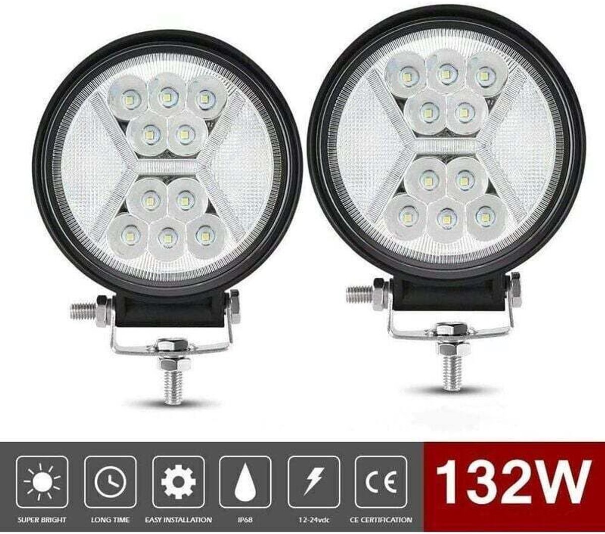12V LED-werklamp, twee 132W buitenlampen, groot bereik, als mistlampengeschikt voor tractoren/boten/vrachtwagens.